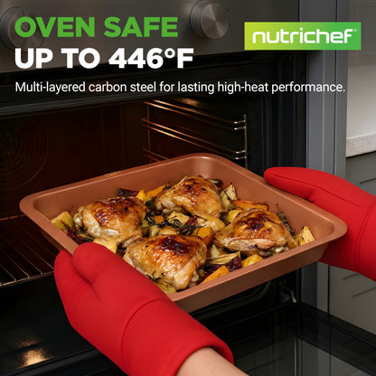A person wearing red oven mitts holds a rectangular brown ceramic oven liner inside an oven, with roasted chicken and vegetables visible. Large text reads 'OVEN SAFE UP TO 446°F' and a green 'nutrichef' logo appears in the top right.