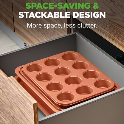 Stackable copper-colored muffin trays in a kitchen drawer with text highlighting space-saving design.
