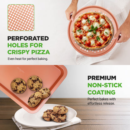 Person holding a pizza on a perforated pizza stone with text about its features.