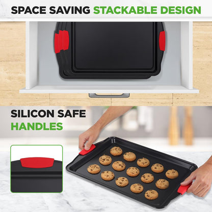 Plaque à biscuits antiadhésive en 3 pièces avec poignées en silicone pour la cuisson (Noir) 