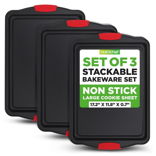 3 Piece Large Non-Stick Cookie Sheet Tray With Silicone Handles For Baking (Black)