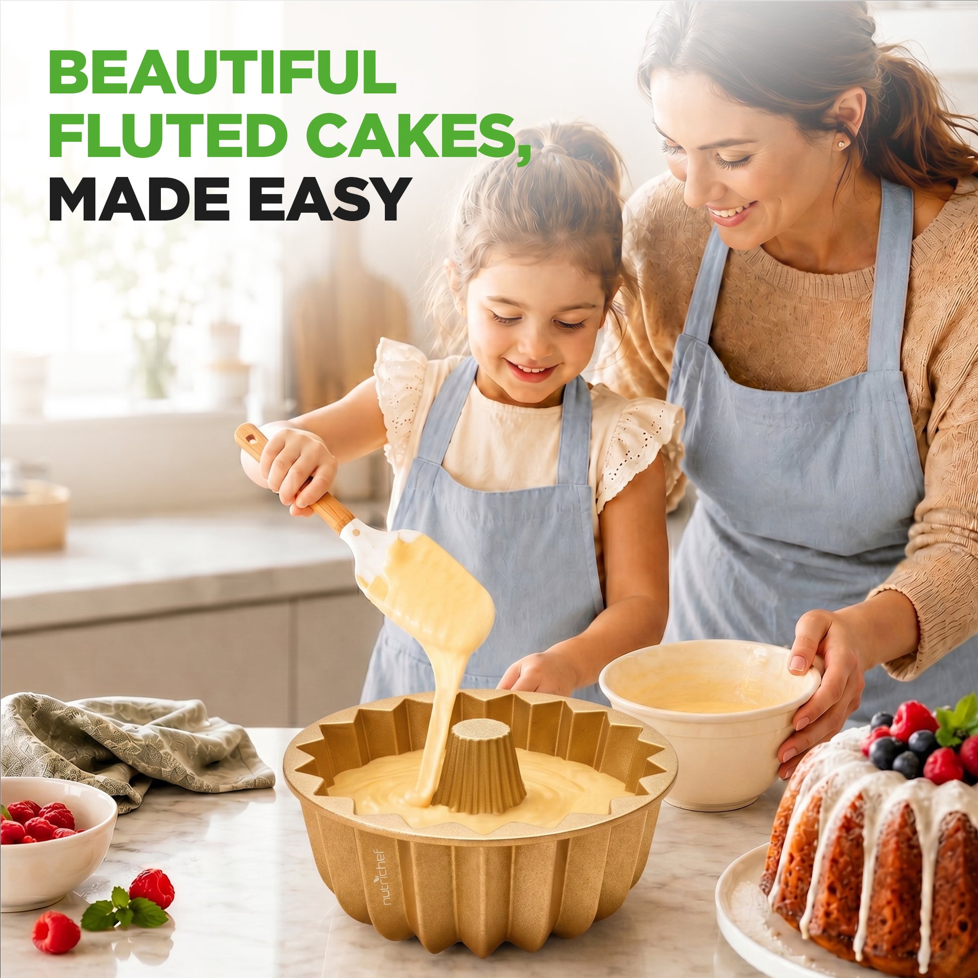 Woman and child in a kitchen making fluted cakes with text 'Beautiful Fluted Cakes, Made Easy'.