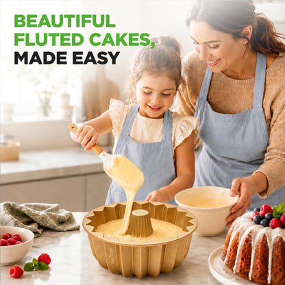 Woman and child in a kitchen making fluted cakes with text 'Beautiful Fluted Cakes, Made Easy'.