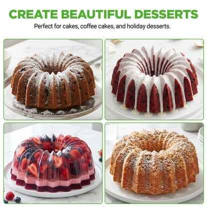 Bundt cake pans with various desserts on a white background