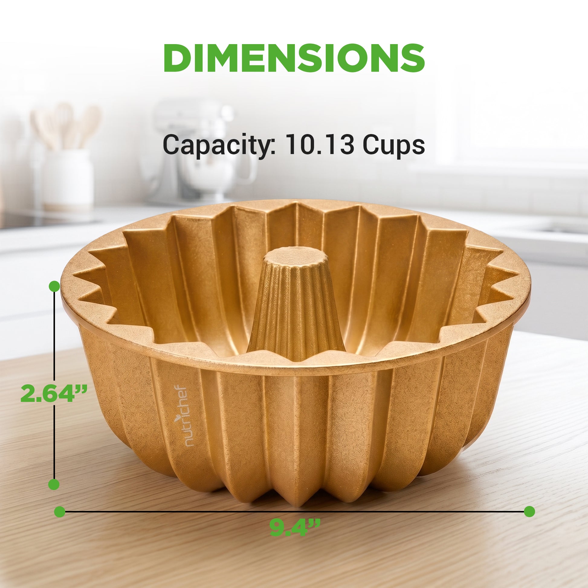 Wooden bundt cake mold with dimensions and capacity information on a kitchen counter.