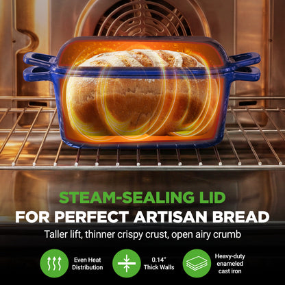 Baked loaf of bread in a blue ceramic dish with a steam-sealing lid inside an oven.