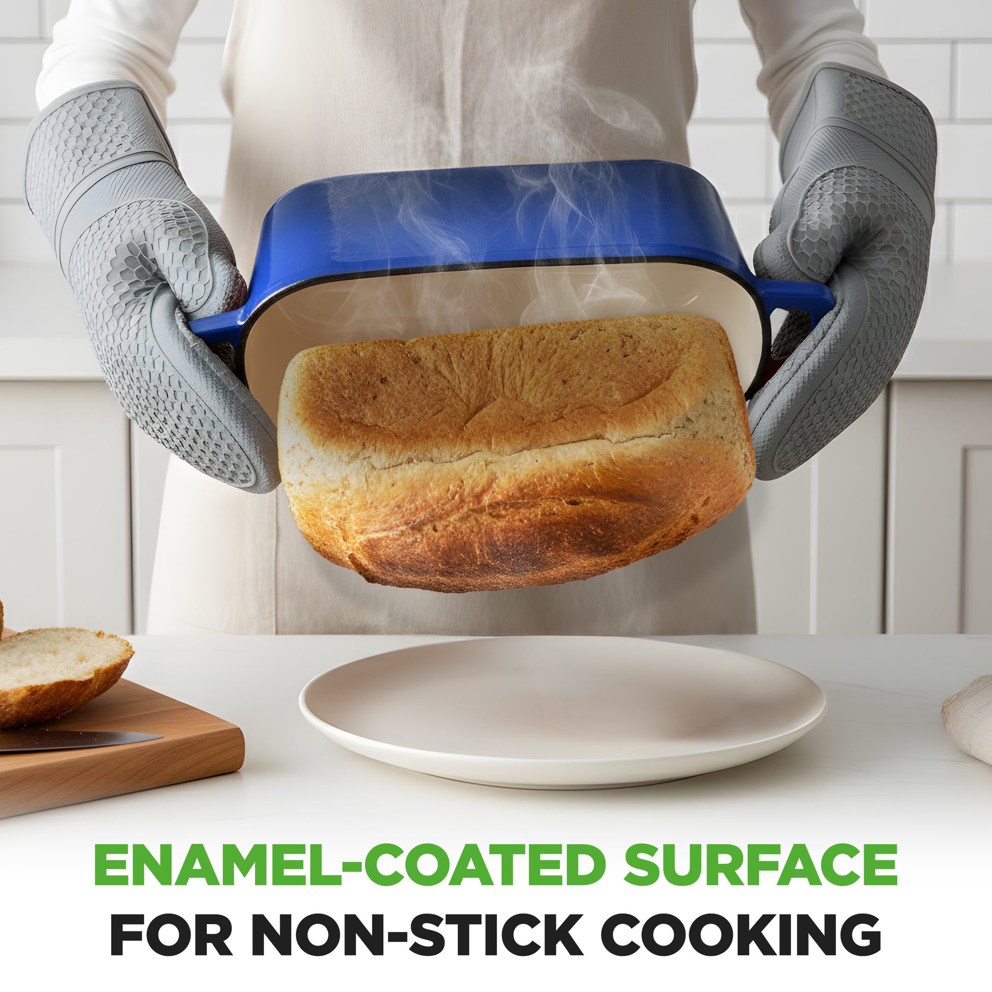 Person holding a blue pan with a loaf of bread, wearing gray gloves, in a kitchen setting.