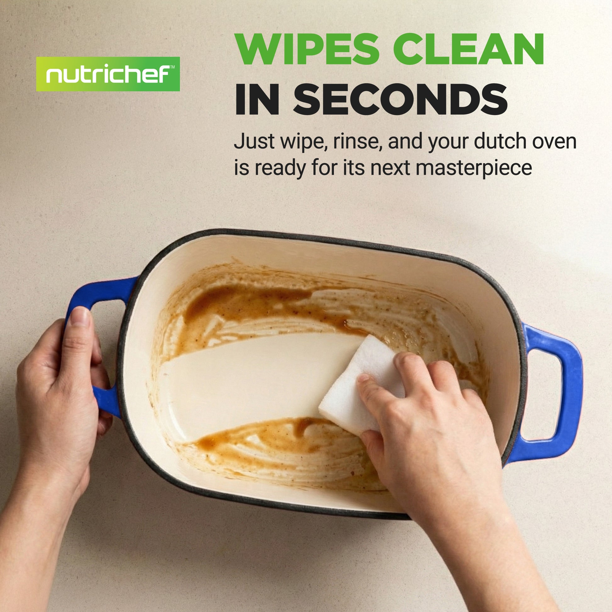 Person cleaning a Dutch oven with a scrubber, with NutriChef branding and text about quick cleaning.