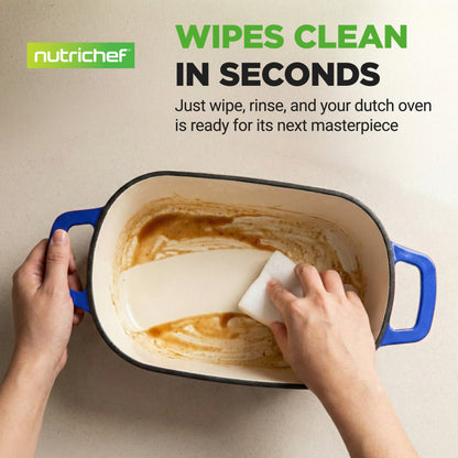 Person cleaning a Dutch oven with a scrubber, with NutriChef branding and text about quick cleaning.