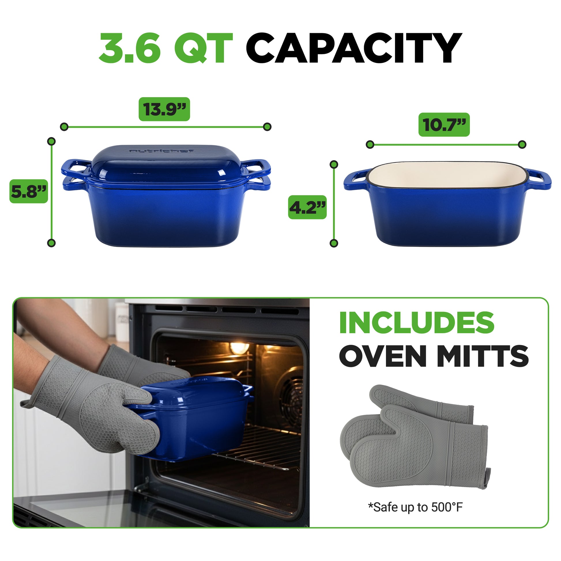 Blue ceramic baking dish with oven mitts and oven mitt safety information on a white background