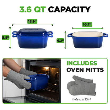 Blue ceramic baking dish with oven mitts and oven mitt safety information on a white background