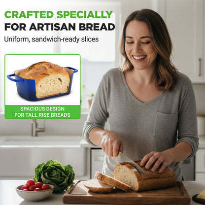 Woman slicing bread in a kitchen with text about artisan bread and bread slices.