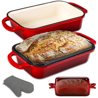6L Enamelled Cast Iron Dutch Oven Loaf Pan with 2L Lid and Silicone Oven Mits-Red