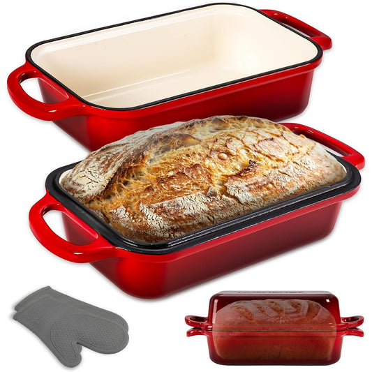 6L Enamelled Cast Iron Dutch Oven Loaf Pan with 2L Lid and Silicone Oven Mits-Red
