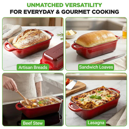 6L Enamelled Cast Iron Dutch Oven Loaf Pan with 2L Lid and Silicone Oven Mits-Red
