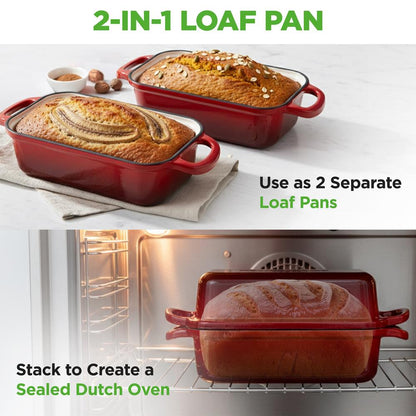 6L Enamelled Cast Iron Dutch Oven Loaf Pan with 2L Lid and Silicone Oven Mits-Red