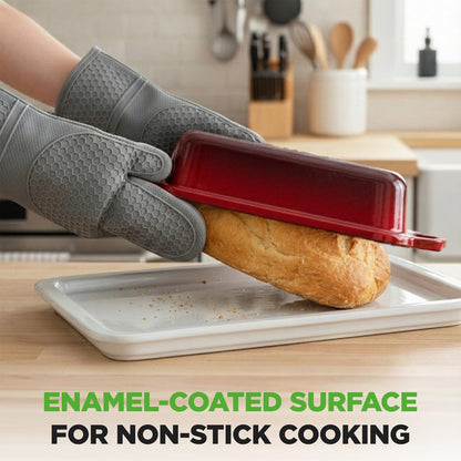 6L Enamelled Cast Iron Dutch Oven Loaf Pan with 2L Lid and Silicone Oven Mits-Red