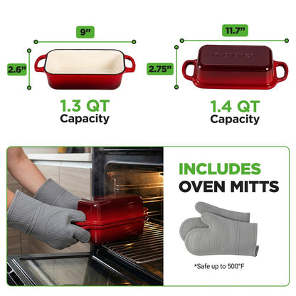 6L Enamelled Cast Iron Dutch Oven Loaf Pan with 2L Lid and Silicone Oven Mits-Red