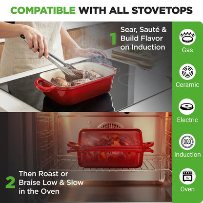 6L Enamelled Cast Iron Dutch Oven Loaf Pan with 2L Lid and Silicone Oven Mits-Red
