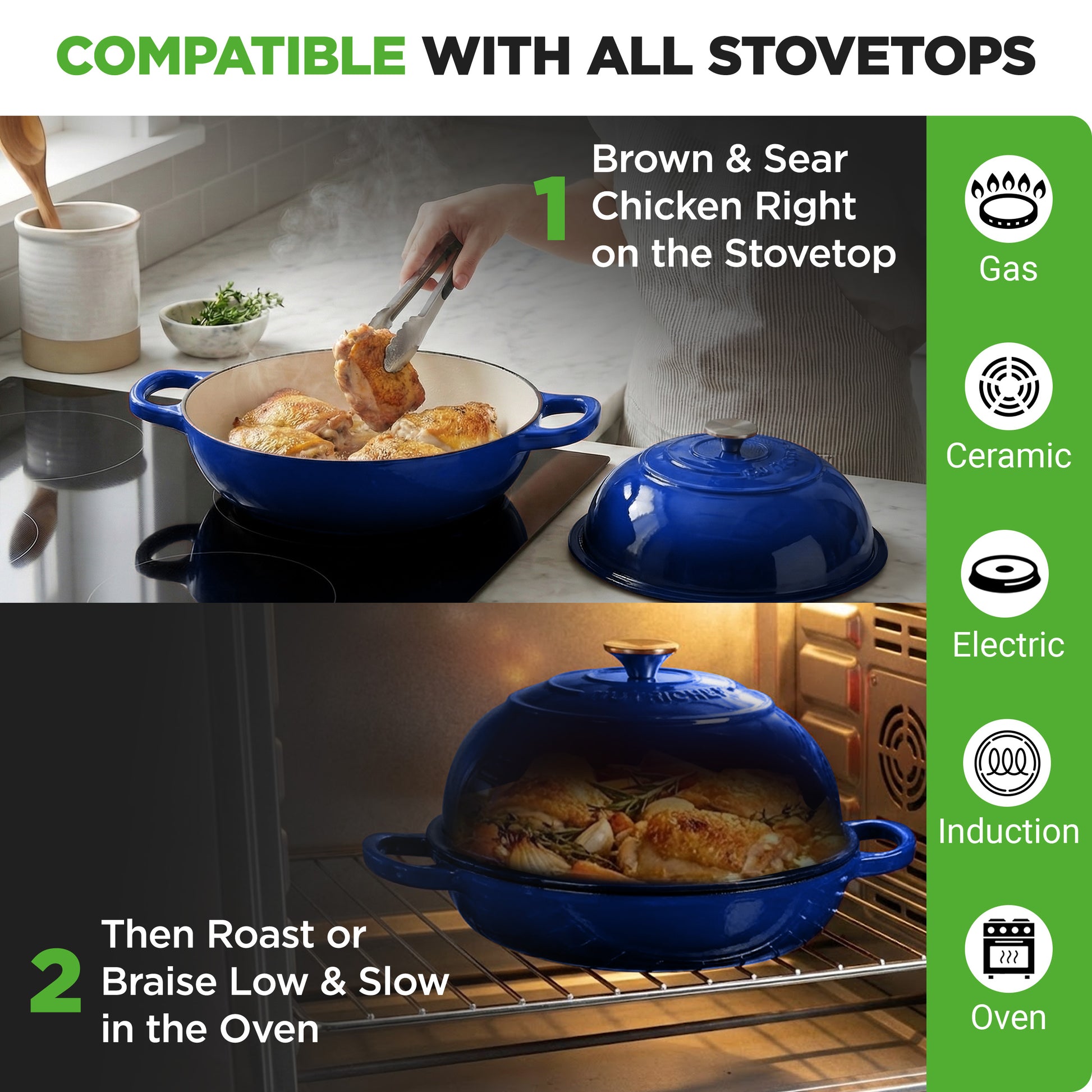 Blue cast iron skillet being used on a stovetop and in an oven, with text indicating compatibility with various cooktop types.