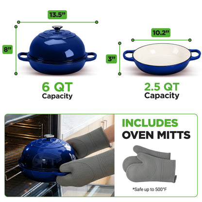 Enameled Cast Iron Dutch Oven, Dome-Shaped with Handles & Silicone Oven Mits 6L