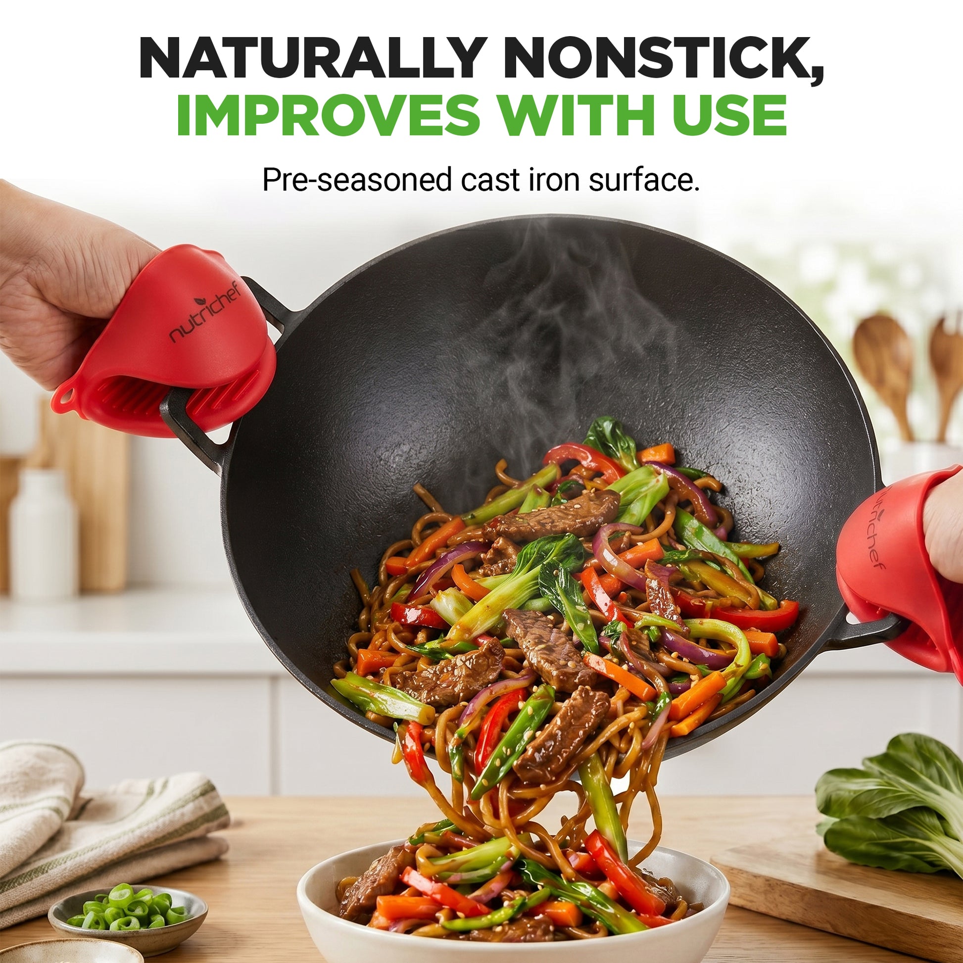 Person holding a cast iron wok with stir-fry and text about its nonstick surface.