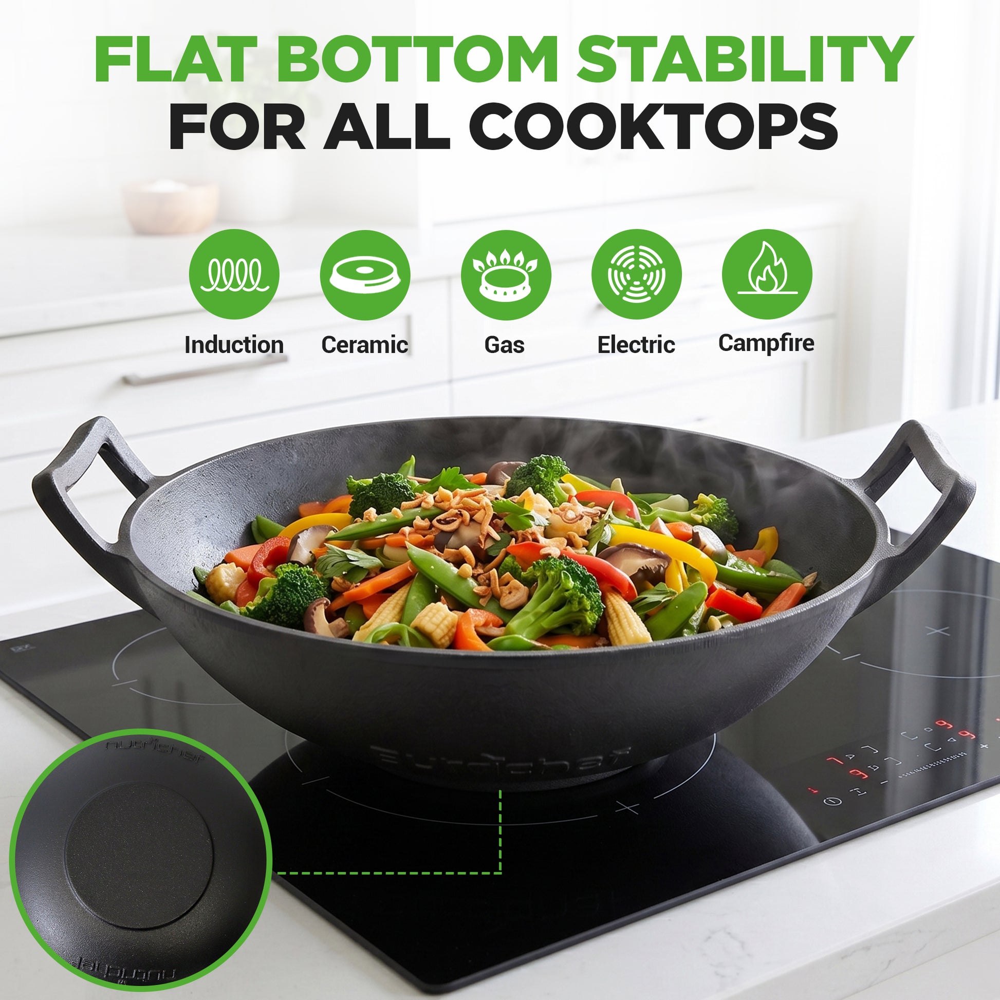 Wok with wooden Lid on stovetop
