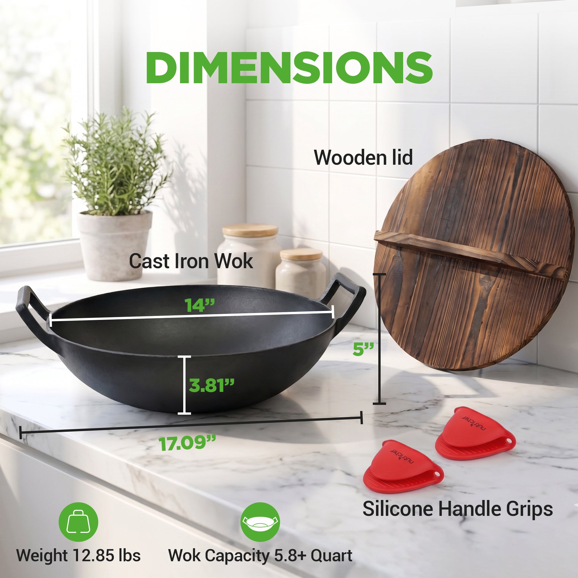 Wok with wooden Lid dimensions with silicone mitts