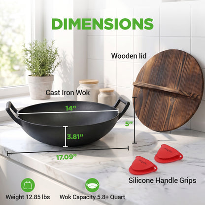 Wok with wooden Lid dimensions with silicone mitts