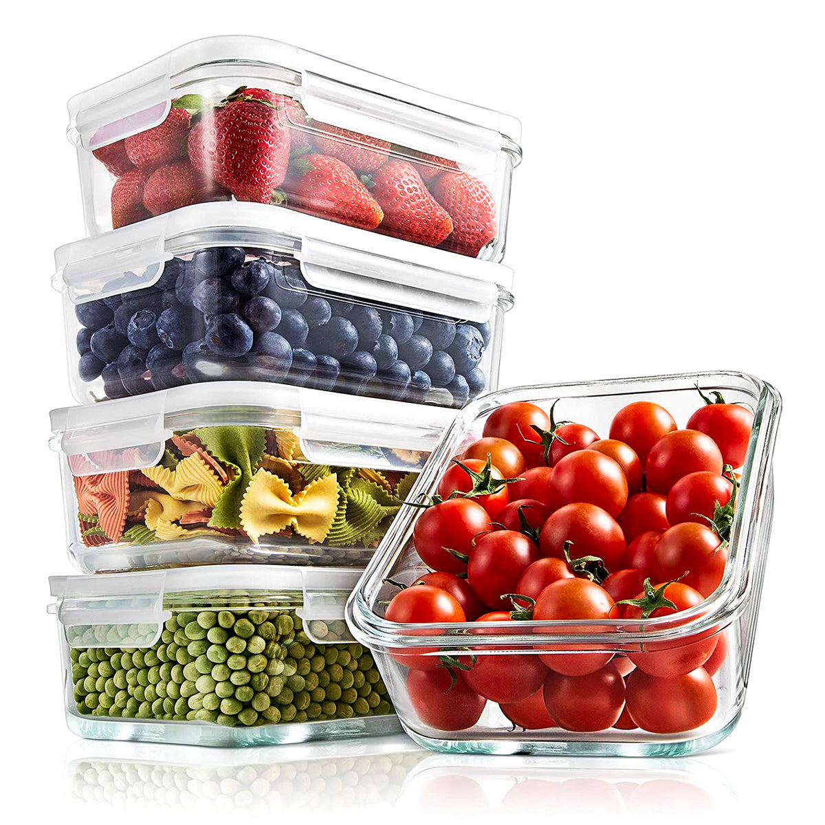 Four clear glass storage containers with clear plastic lids, stacked and arranged on a white background. The containers are filled with fresh food: strawberries, blueberries, mixed pasta salad, and cherry tomatoes.
