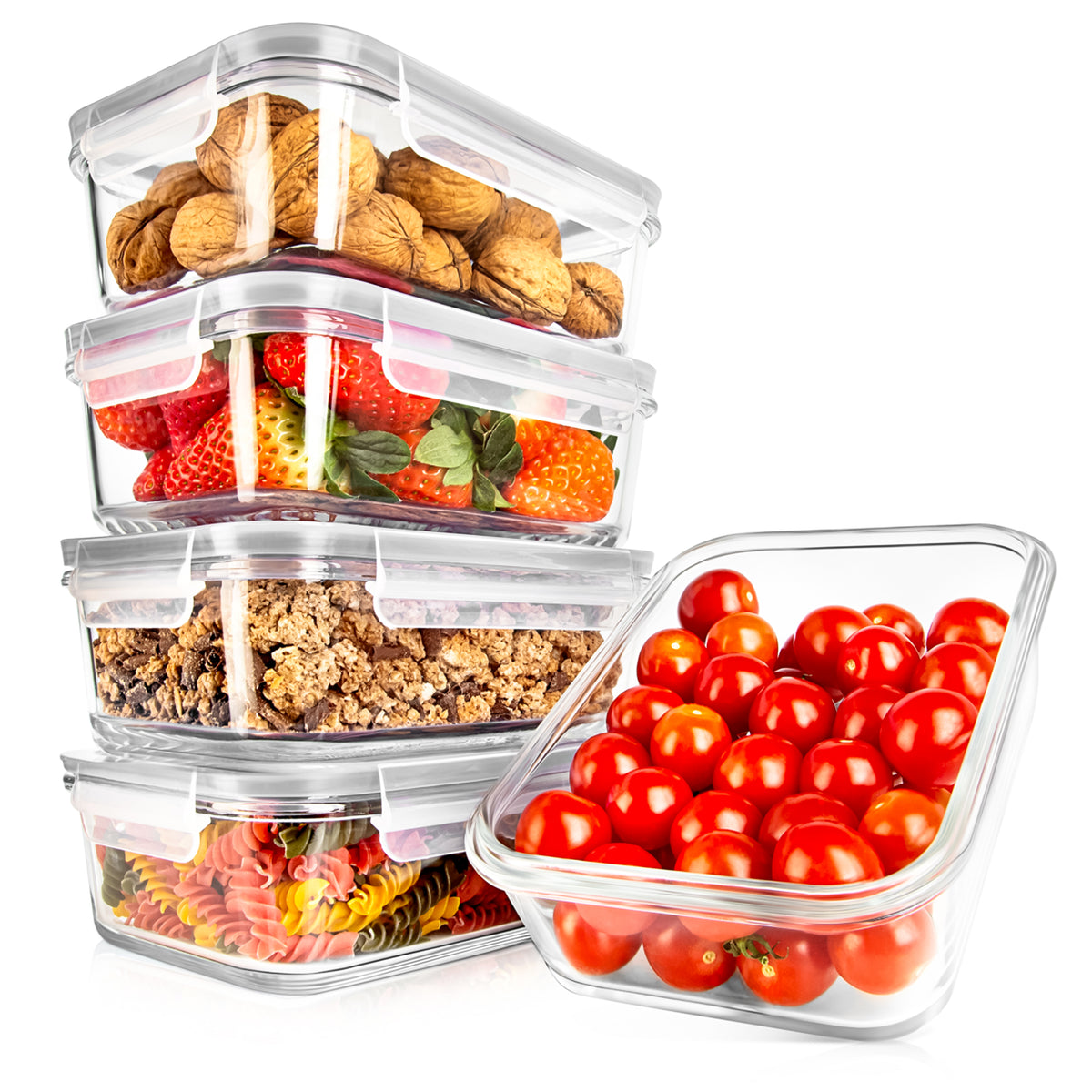 A set of clear plastic storage containers with transparent lids, shown filled with food items including walnuts, strawberries, granola, pasta, and cherry tomatoes, on a white background.