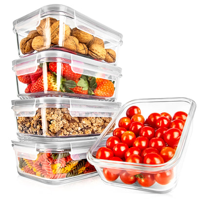 A set of clear plastic storage containers with transparent lids, shown filled with food items including walnuts, strawberries, granola, pasta, and cherry tomatoes, on a white background.