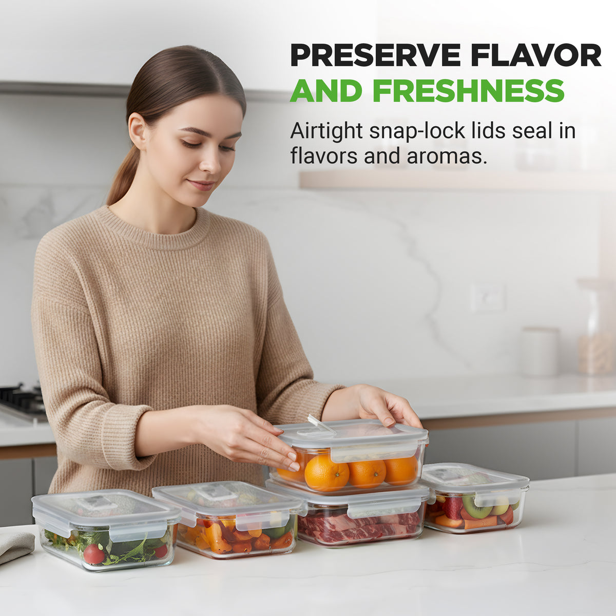 Woman organizing food containers with text about preserving flavor and freshness.