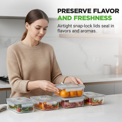Woman organizing food containers with text about preserving flavor and freshness.