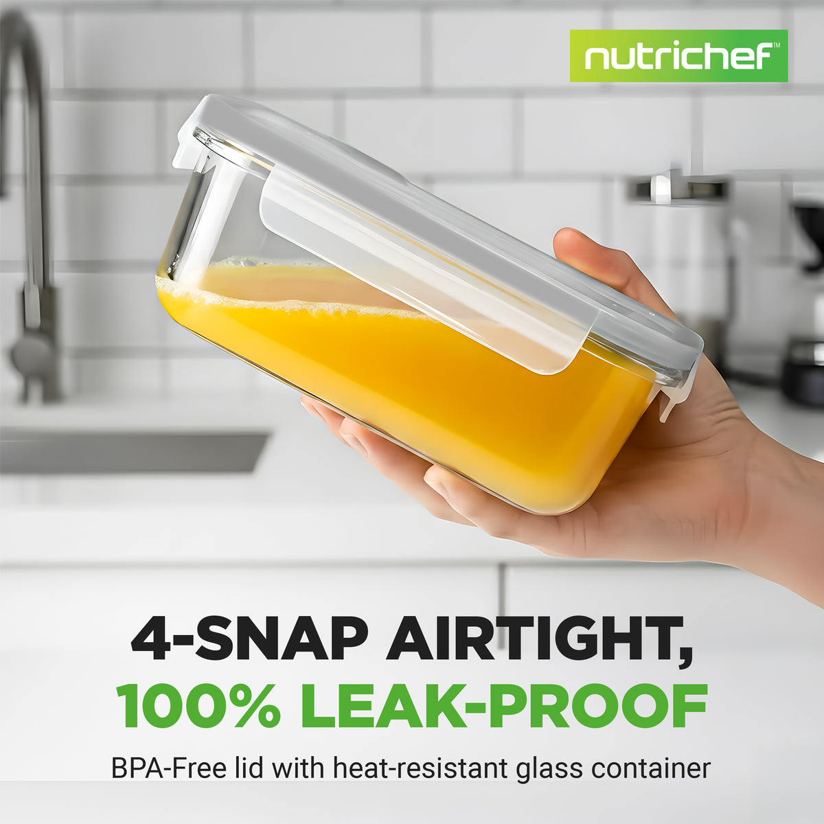 A hand holds a clear glass storage container with a translucent lid and orange liquid inside, shown against a blurred kitchen background. The image includes the brand name 'nutrichef' and marketing text reading '4-SNAP AIRTIGHT, 100% LEAK-PROOF' and 'BPA-Free lid with heat-resistant glass container.