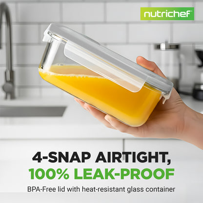A hand holds a clear glass storage container with a translucent lid and orange liquid inside, shown against a blurred kitchen background. The image includes the brand name 'nutrichef' and marketing text reading '4-SNAP AIRTIGHT, 100% LEAK-PROOF' and 'BPA-Free lid with heat-resistant glass container.
