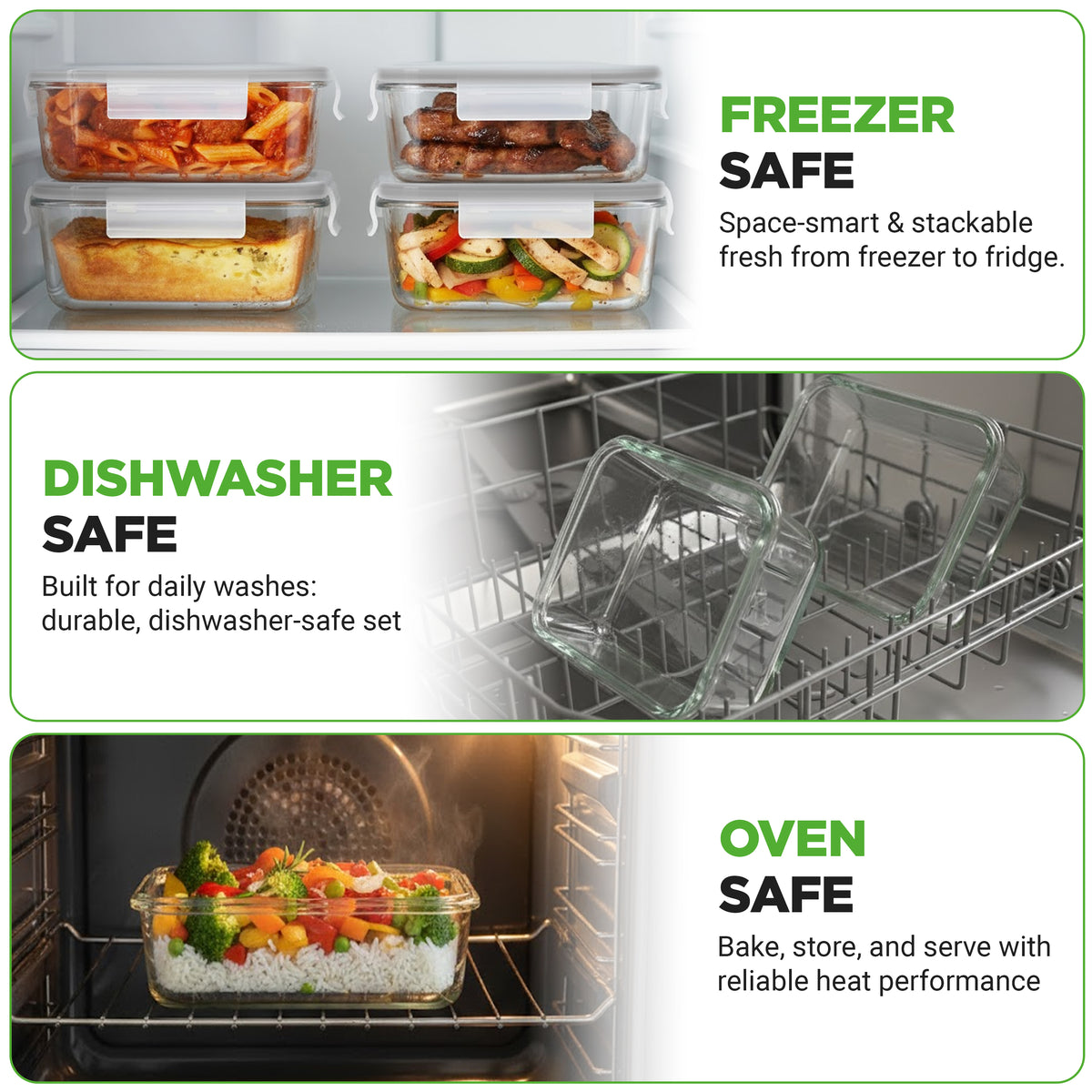 Three-panel promotional graphic showing clear rectangular glass food storage containers in use: stacked in a freezer with food inside, nested on a dishwasher rack, and placed in an oven. Text reads 'FREEZER SAFE,' 'DISHWASHER SAFE,' and 'OVEN SAFE' with descriptive copy.