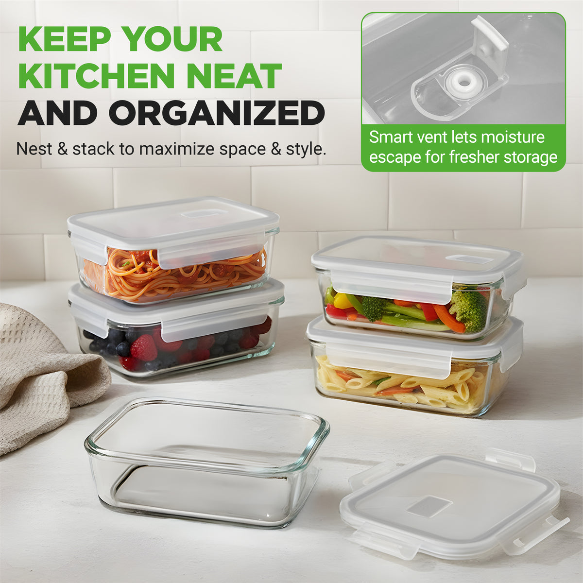 Glass food storage containers with lids on a kitchen counter, emphasizing neatness and organization.