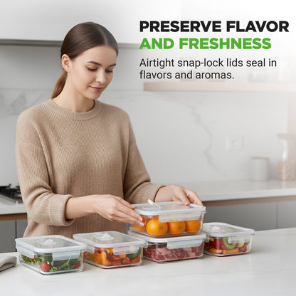 A woman in a beige sweater organizes clear plastic airtight food storage containers with snap-lock lids on a white kitchen counter. The containers are filled with fresh vegetables and meat, and promotional text at the top reads 'PRESERVE FLAVOR AND FRESHNESS'.