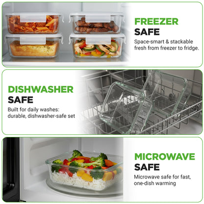 Three-panel promotional graphic showing clear rectangular glass food storage containers with white lids in freezer, dishwasher, and microwave use scenarios, with green text labels reading FREEZER SAFE, DISHWASHER SAFE, and MICROWAVE SAFE.