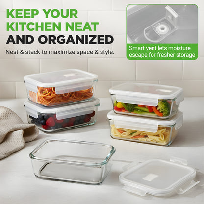 Glass food storage containers with lids on a kitchen counter, emphasizing organization and freshness.