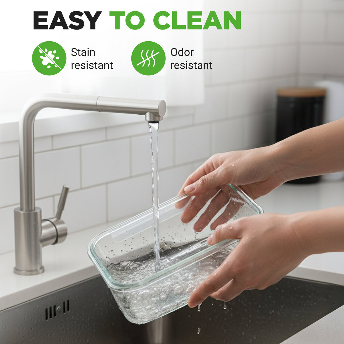 Person washing a glass container under running water with 'Easy to Clean' text and icons above.