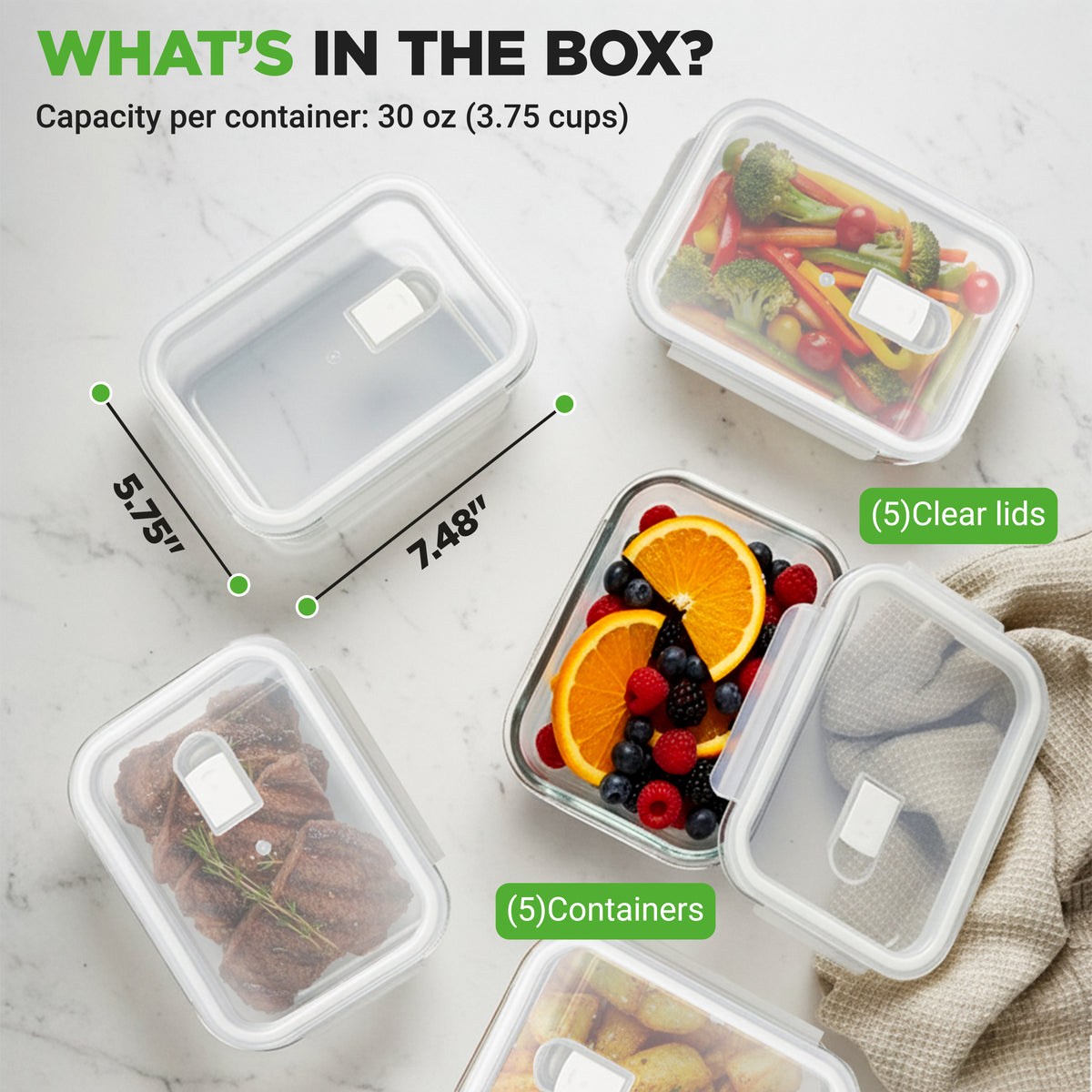 Set of food storage containers with clear lids on a marble surface, showing capacity and dimensions.