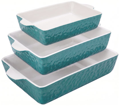 3-Piece Ceramic Casserole Dish Set – Nonstick Baking Pans with Handles, Teal