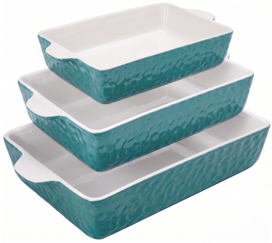 3-Piece Ceramic Casserole Dish Set – Nonstick Baking Pans with Handles, Teal