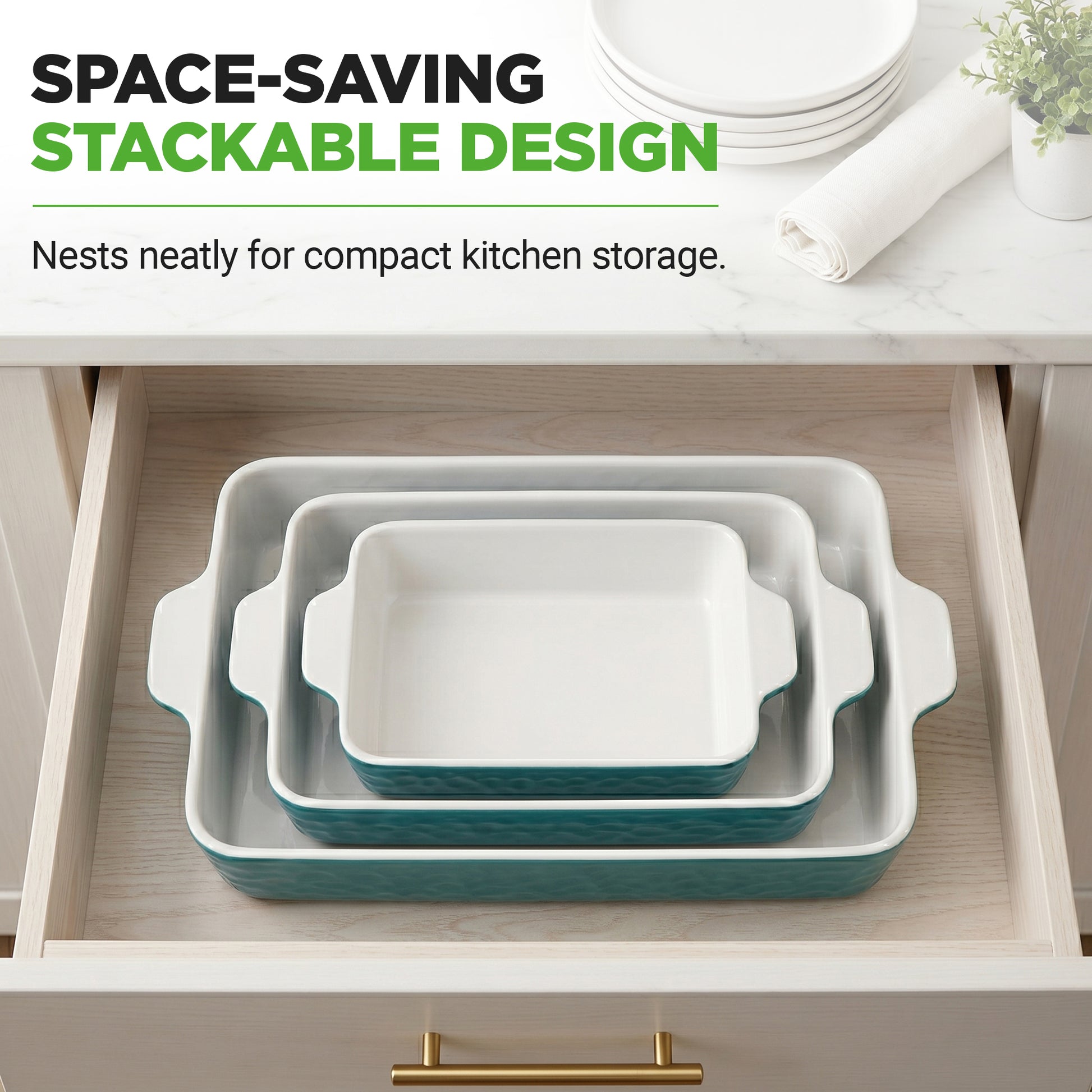 Stackable ceramic dishes in a drawer with text highlighting space-saving design.
