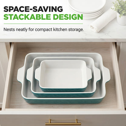 Stackable ceramic dishes in a drawer with text highlighting space-saving design.