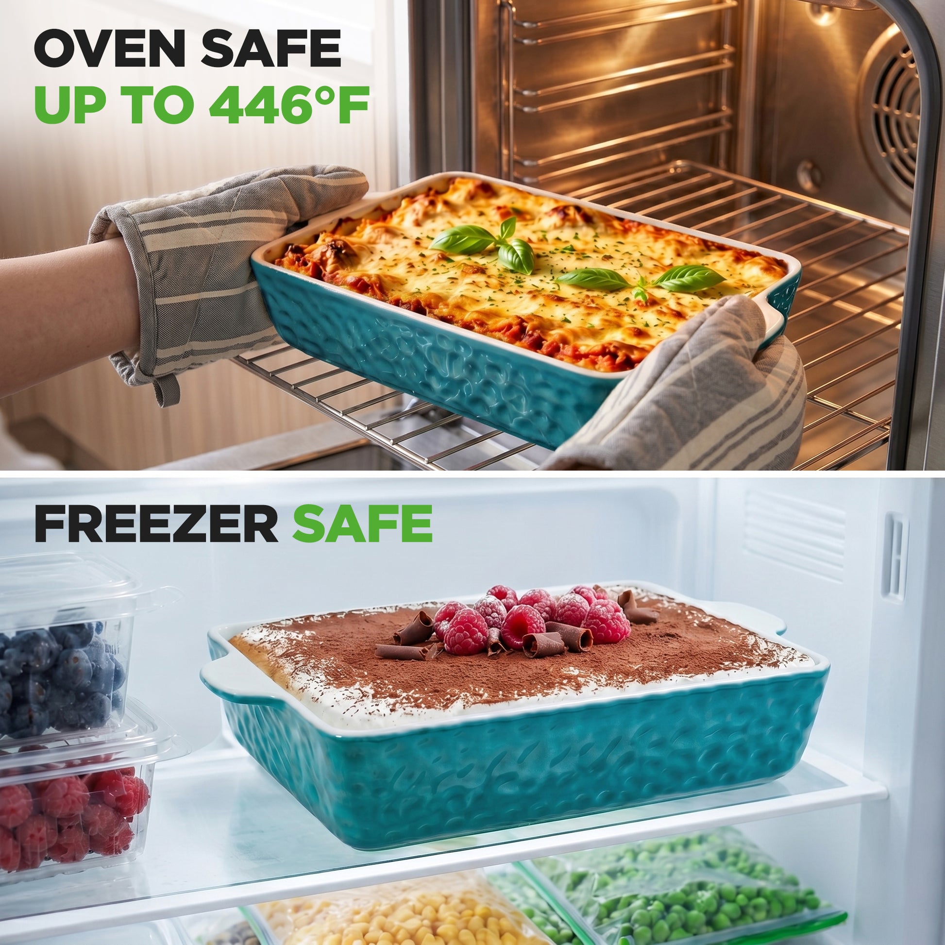 Teal ceramic baking dish with food being taken out of an oven and placed in a freezer.