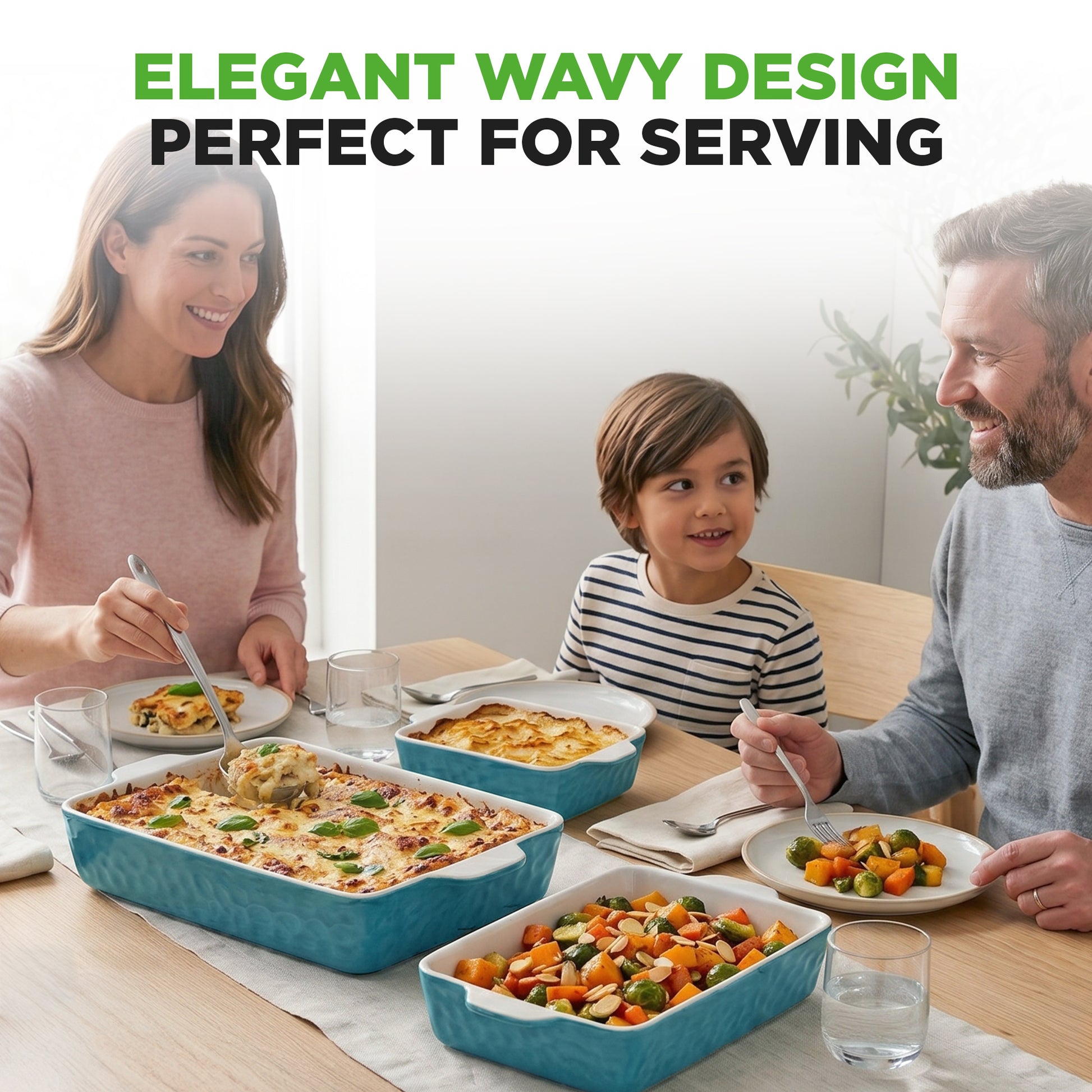 Family enjoying a meal together with blue casserole dishes on a table.