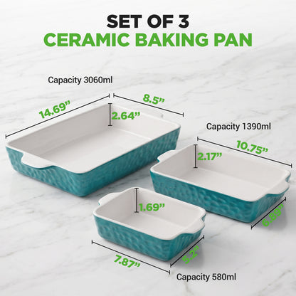 Set of 3 ceramic baking pans in teal and white with dimension labels and capacity measurements on a light marble background.